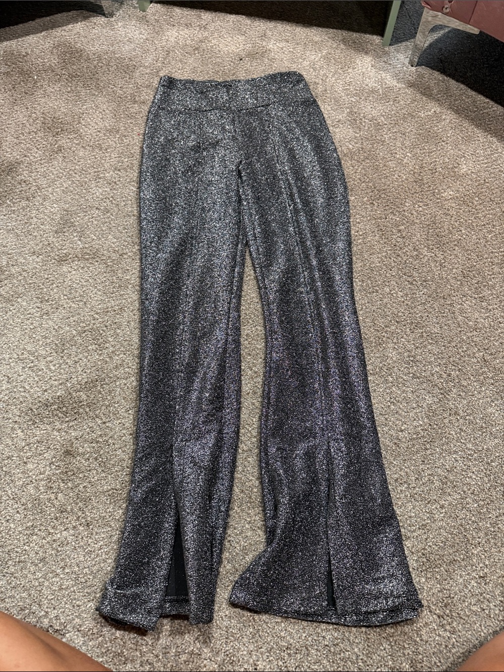 Metallic Black Glitter Flare Pants with Front Slits